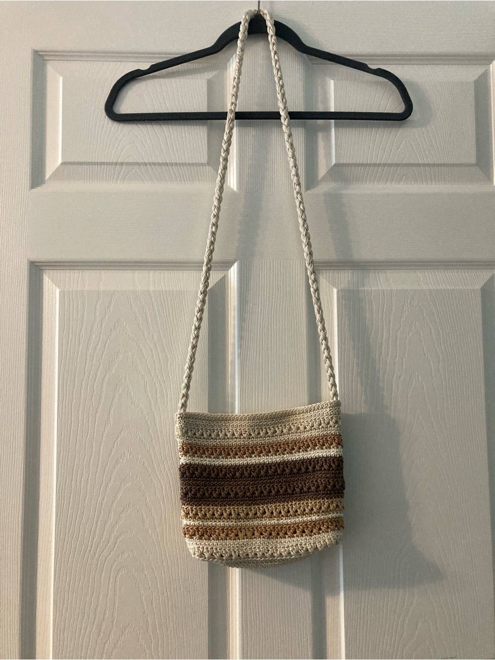 Lina Crocheted Stripe Crossbody Bag - Cream & Brown